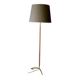 Danish teak floor lamp with brass tripod foot, 1960s