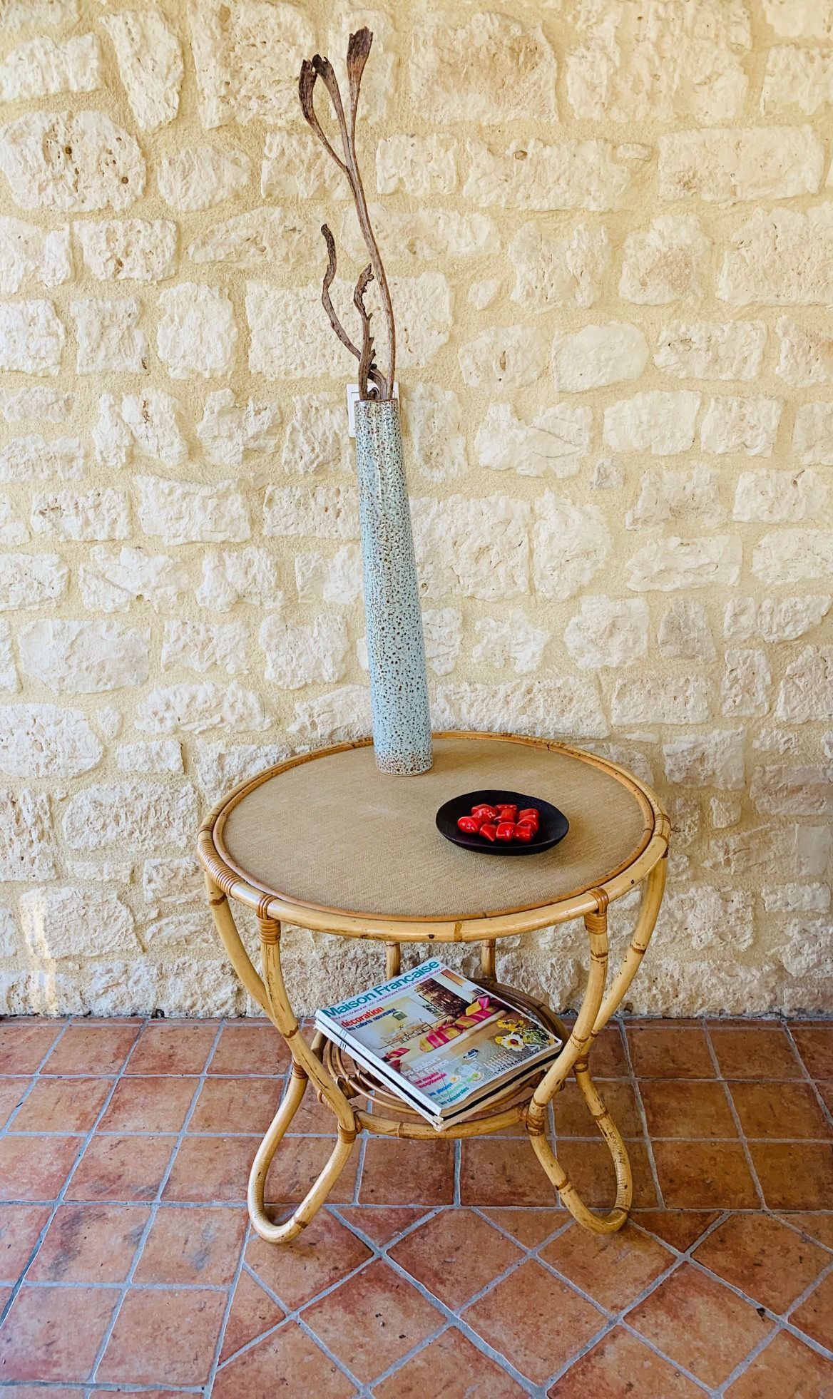 Rattan coffee table with range magazines, vintage circa 60's