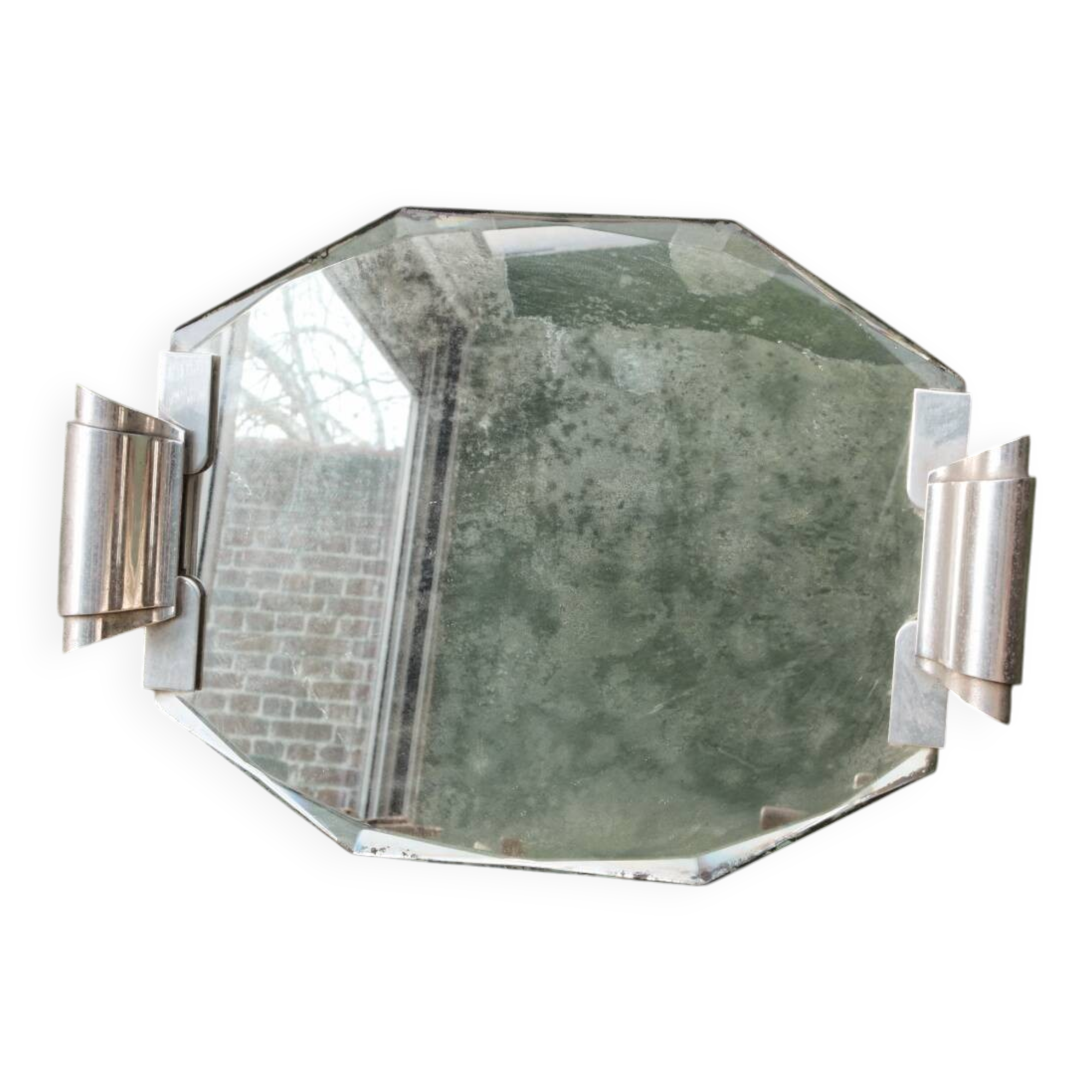 Plateau art déco en miroir biseauté, poignées chromées