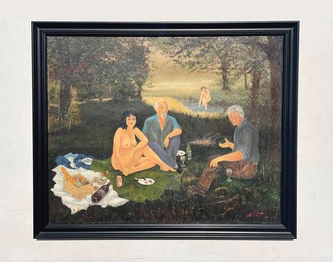 Painting by Camille Delahaut, "The Picnic". Vintage