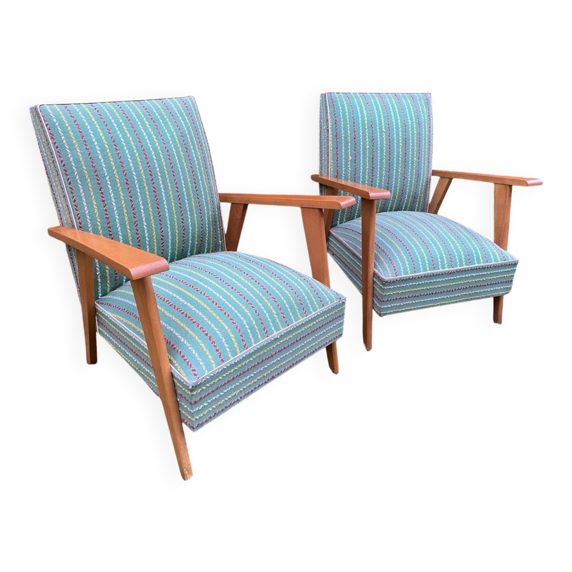 Pair of emerald green fabric armchairs circa 1950
