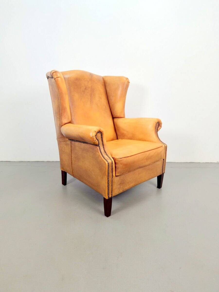 Vintage Sheepskin Leather Wing-Back Chair, 1970s