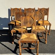 6 rustic style chairs, wood and straw, 1940