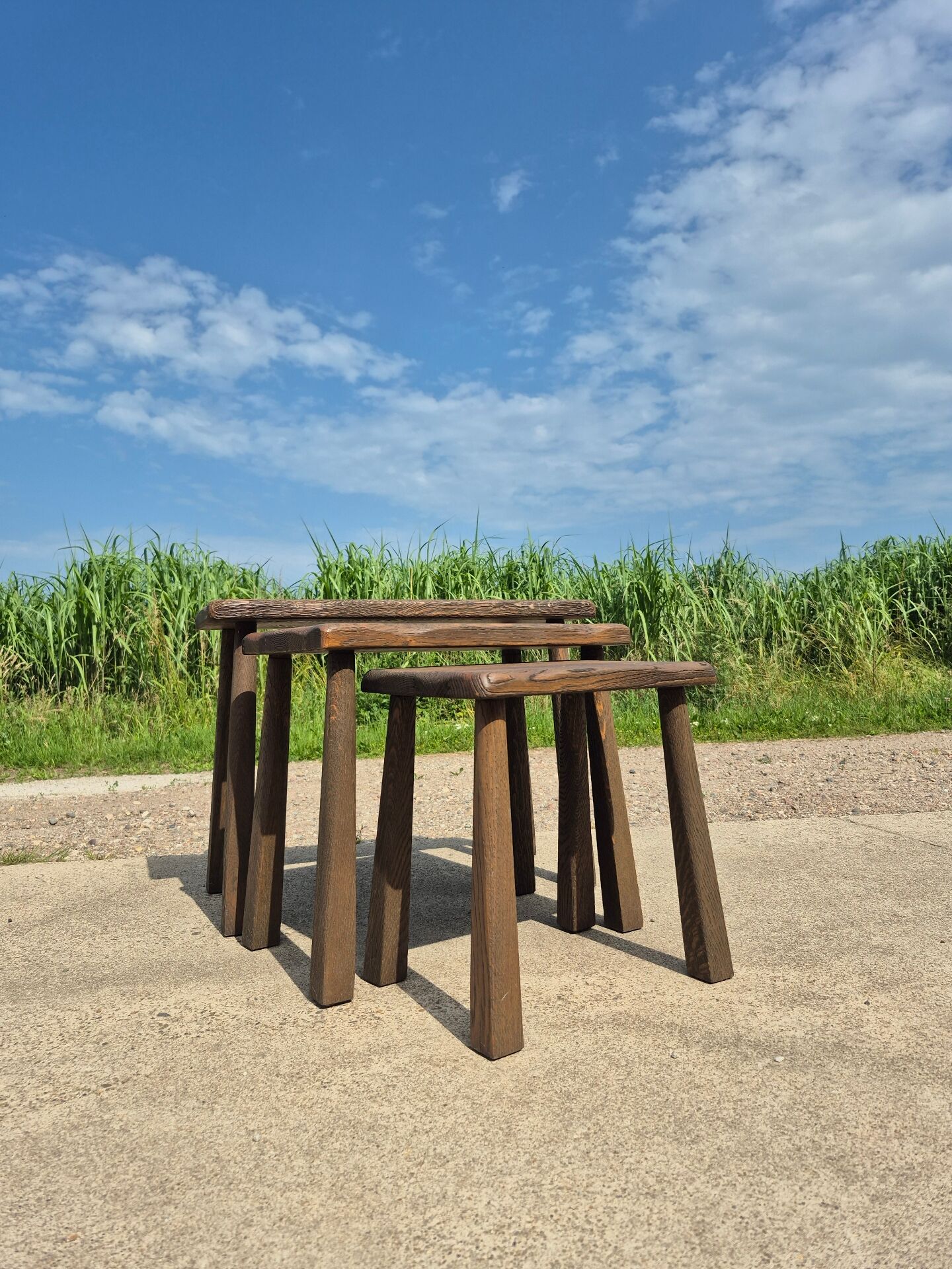 Set 3 nesting tables oak high legs 1970s dark brutalist
