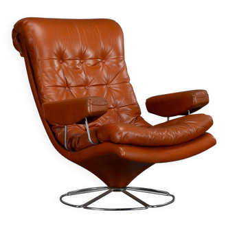 Cognac Leather Swivel chair, 1960s