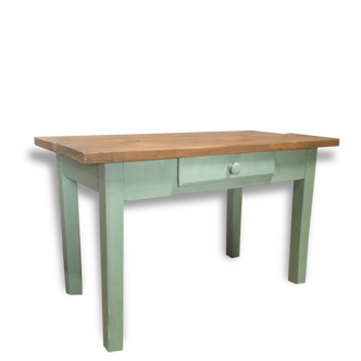 Table basse ancienne chevillé avec son tiroir// en bois et vert celadon