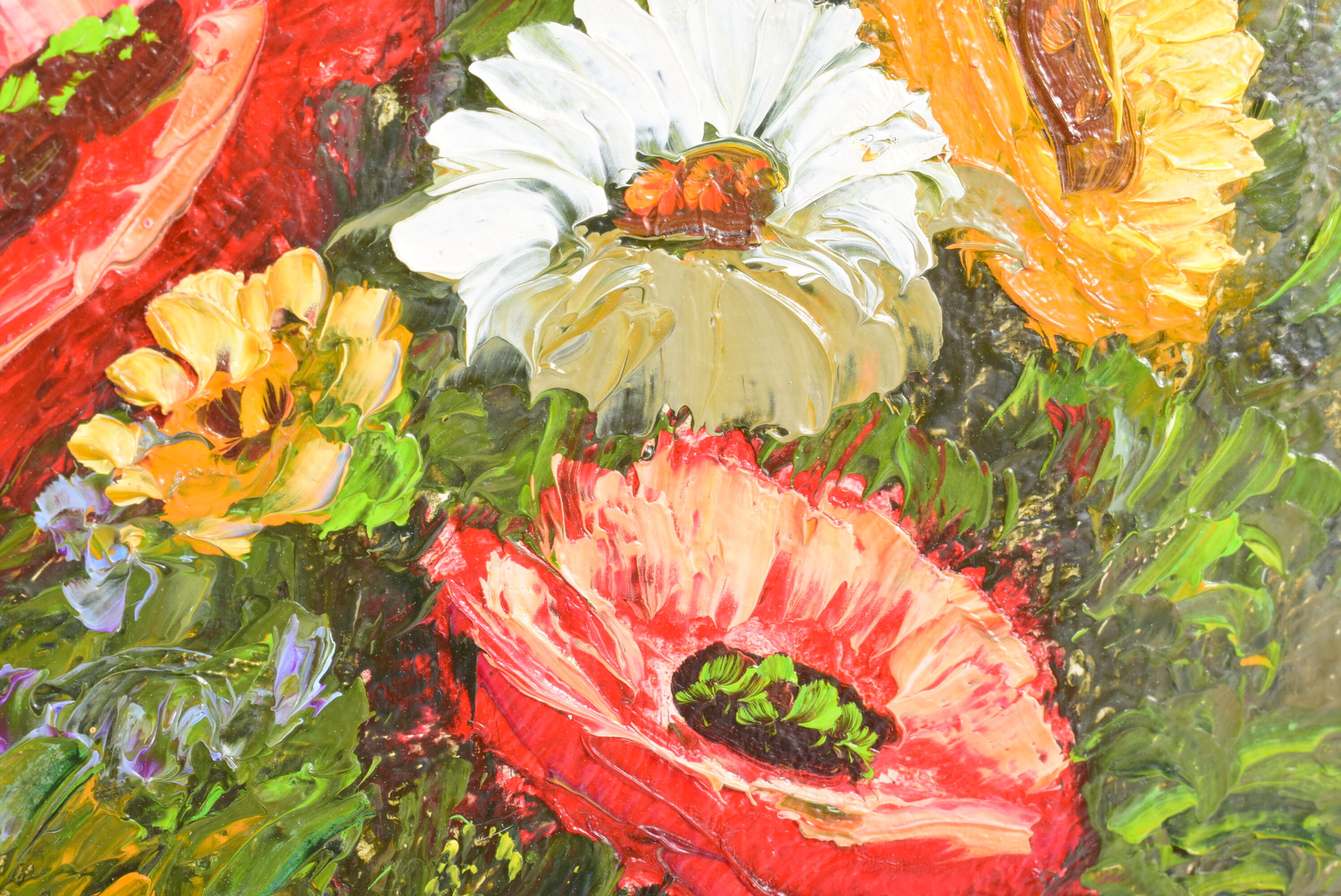 Painting, bouquet of flowers, oil on canvas, old gilded stucco frame