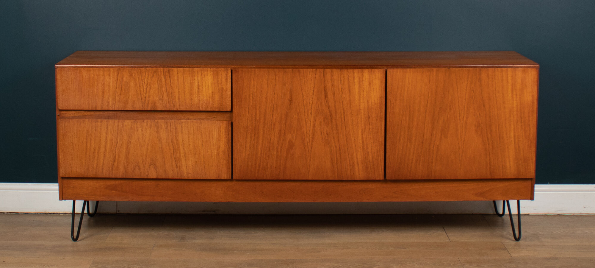 Retro Teak 1960s White & Newton Style S Form Sideboard Cabinet On Hairpin Legs