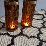 Photophores moucharabieh style candlesticks in brass and orange bubbled glass