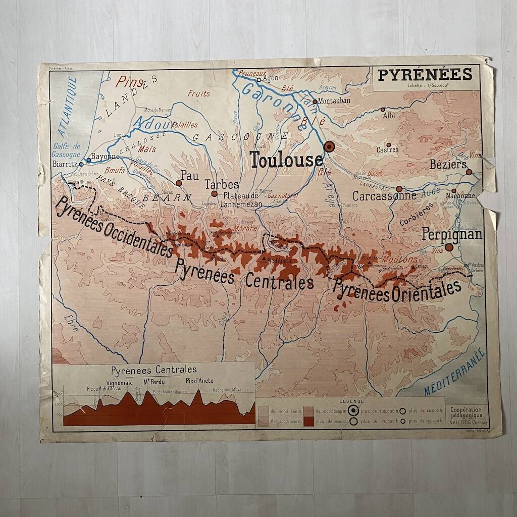 Vintage school map 1950 double-sided "The Alps / The Pyrenees"