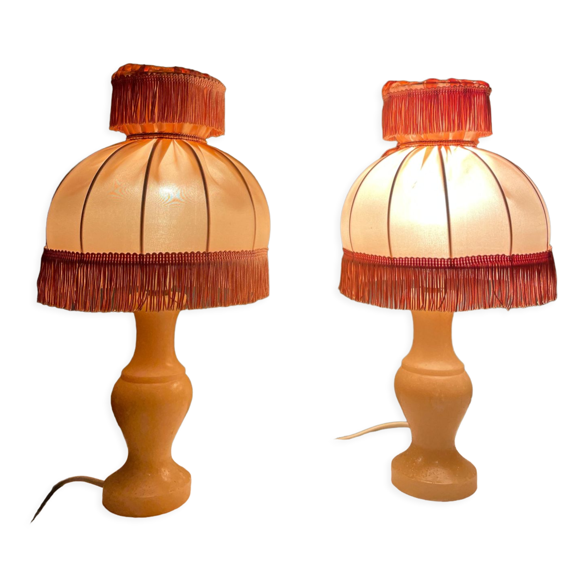 Pair of vintage bedside lamps with pink fringes