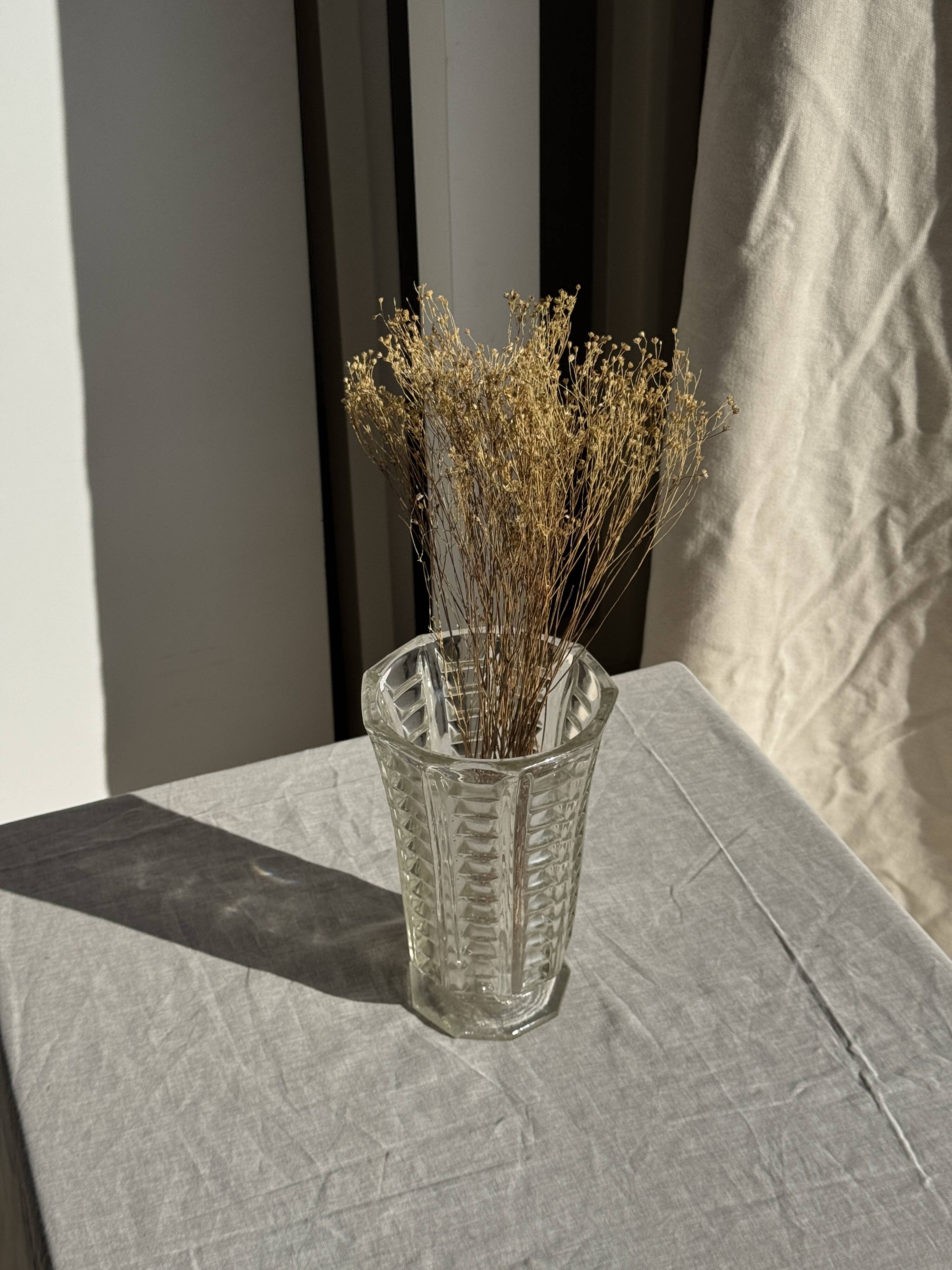 Vintage geometric moulded glass flared vase H21