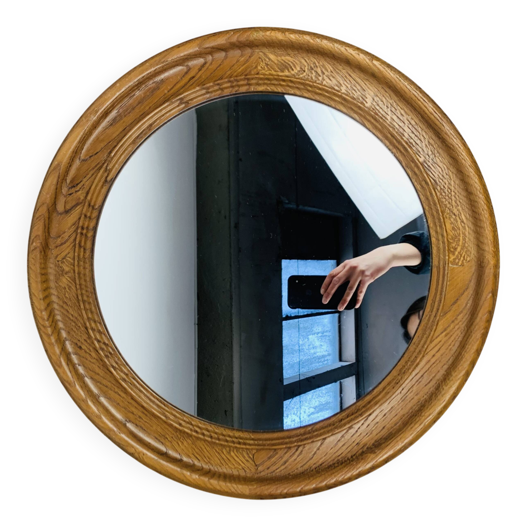 Round mirror with oak frame, vintage