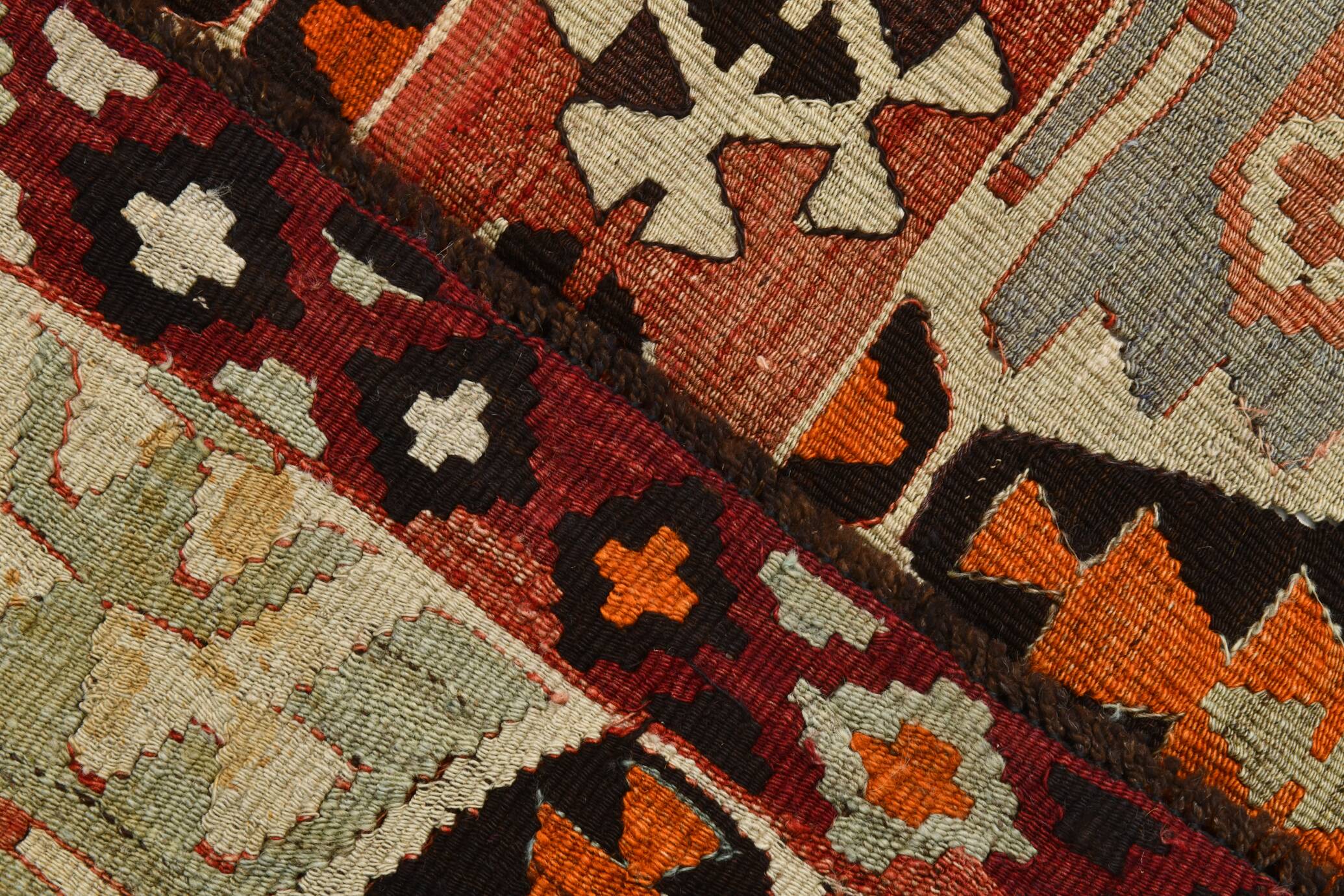 Light Green & Orange Tribal Turkish Kilim Rug, 141x305Cm