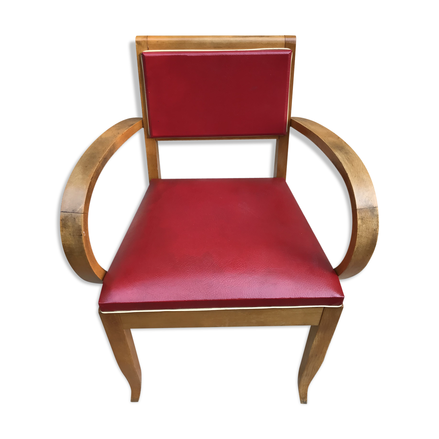 Fauteuil bridge ancien bois & skai rouge années 70