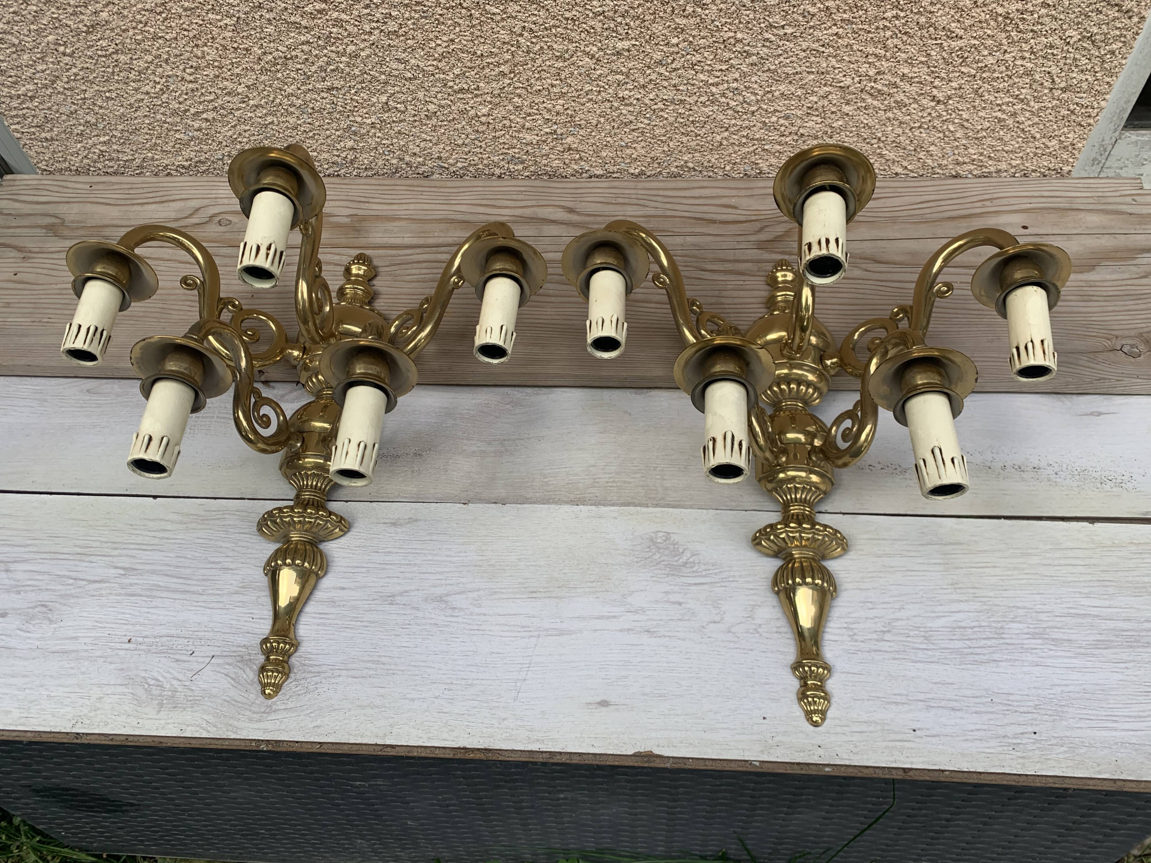 Large Pair of Dutch Style 5-Branch Wall Lights in Brass, Gilded Bronze, 19th Century