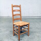 Rustic Oak and Rush High Ladder Back Dining Chairs, Belgium, 1950s, Set of 6