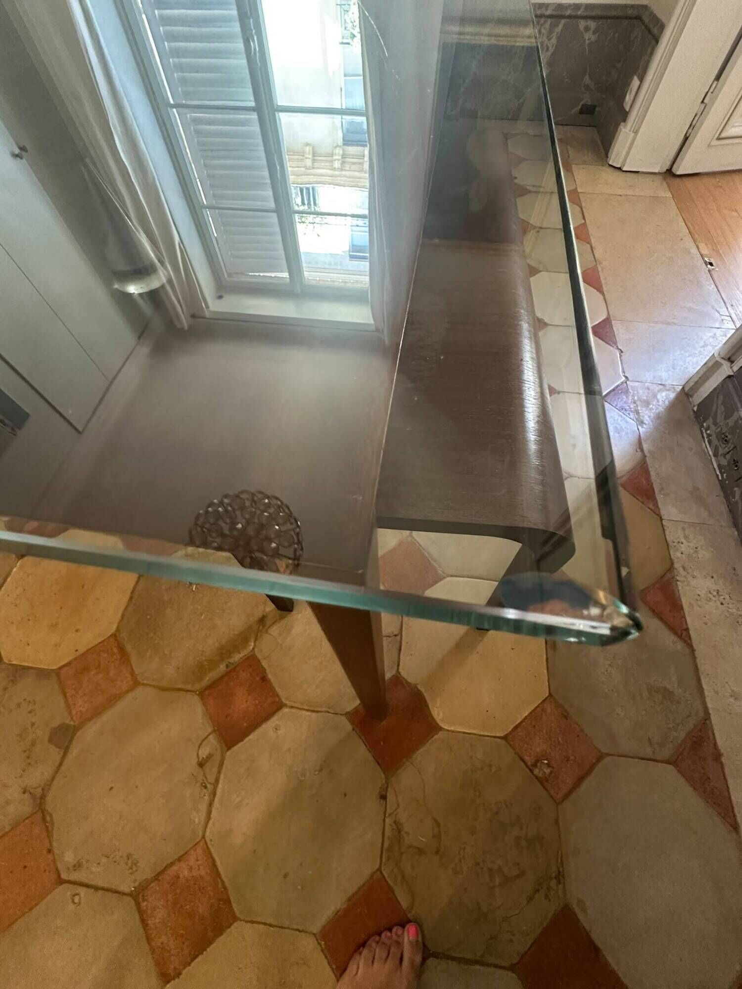 Dining table glass and wood. Italian vintage from the 80s.