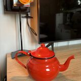 Vintage red enamelled sheet metal teapot