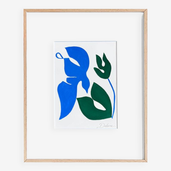 Bird and flower (blue and green) — original limited edition painting by Deleine