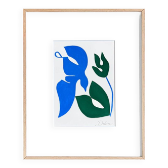 Bird and flower (blue and green) — original limited edition painting by Deleine