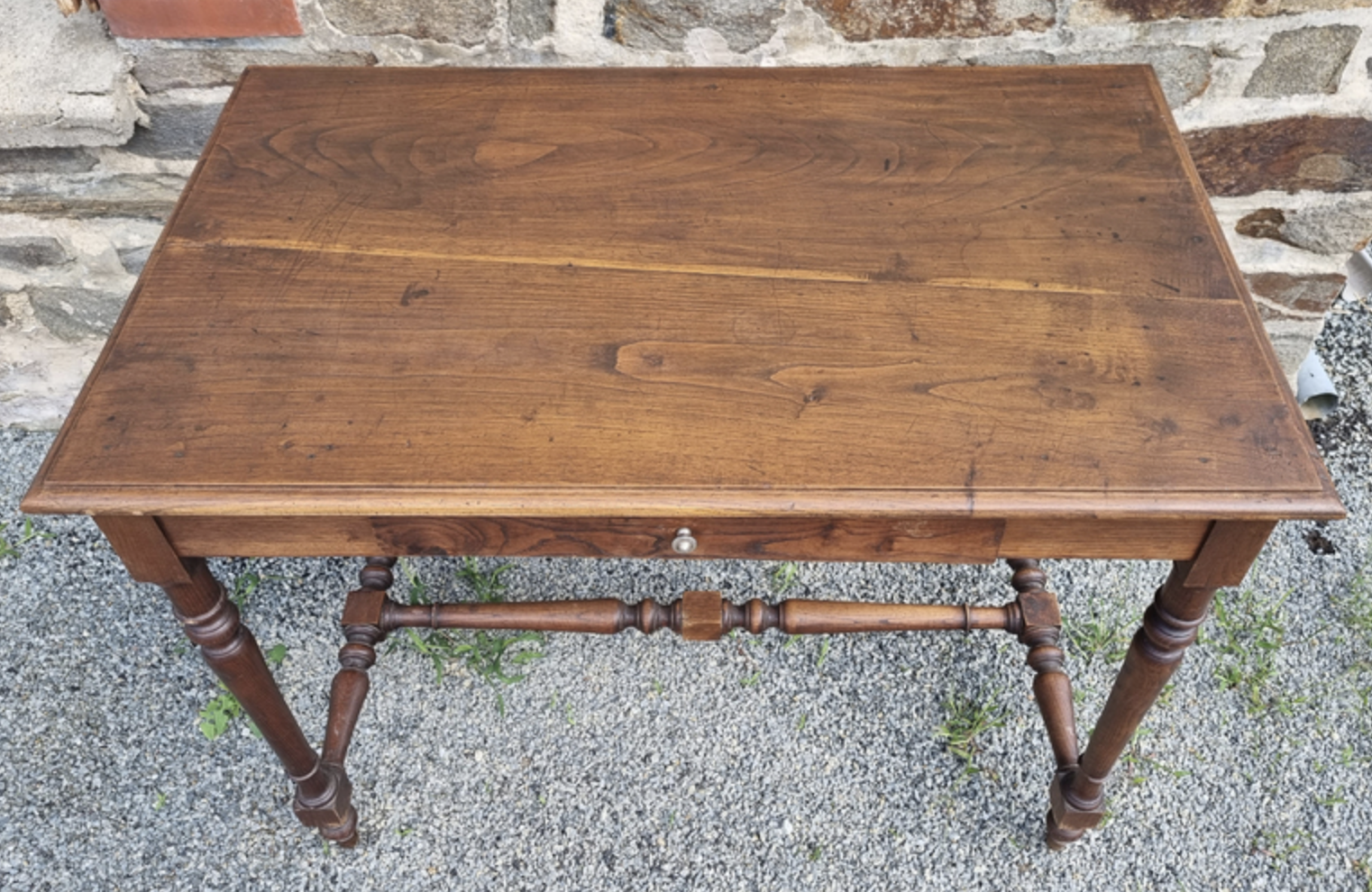 Writing table or wooden desk, Louis XIII style, turned feet, vintage