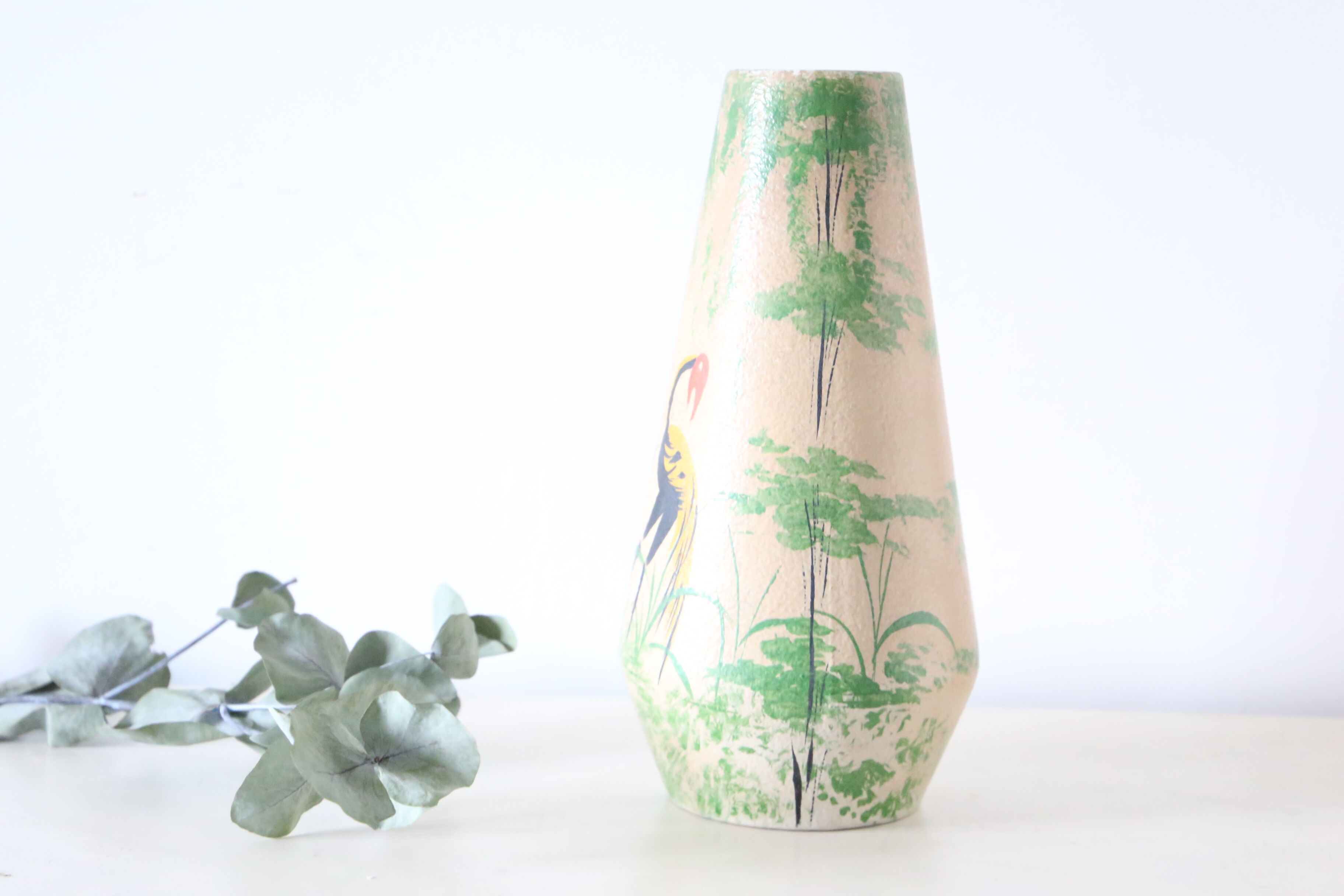German ceramic vase foreign storks pattern, 1960