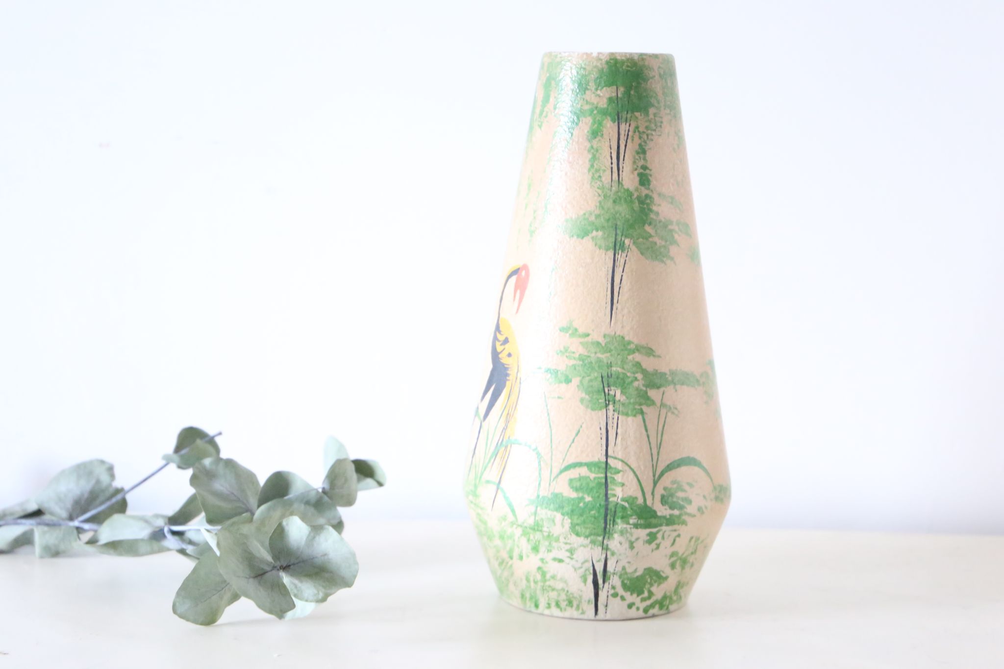 German ceramic vase foreign storks pattern, 1960