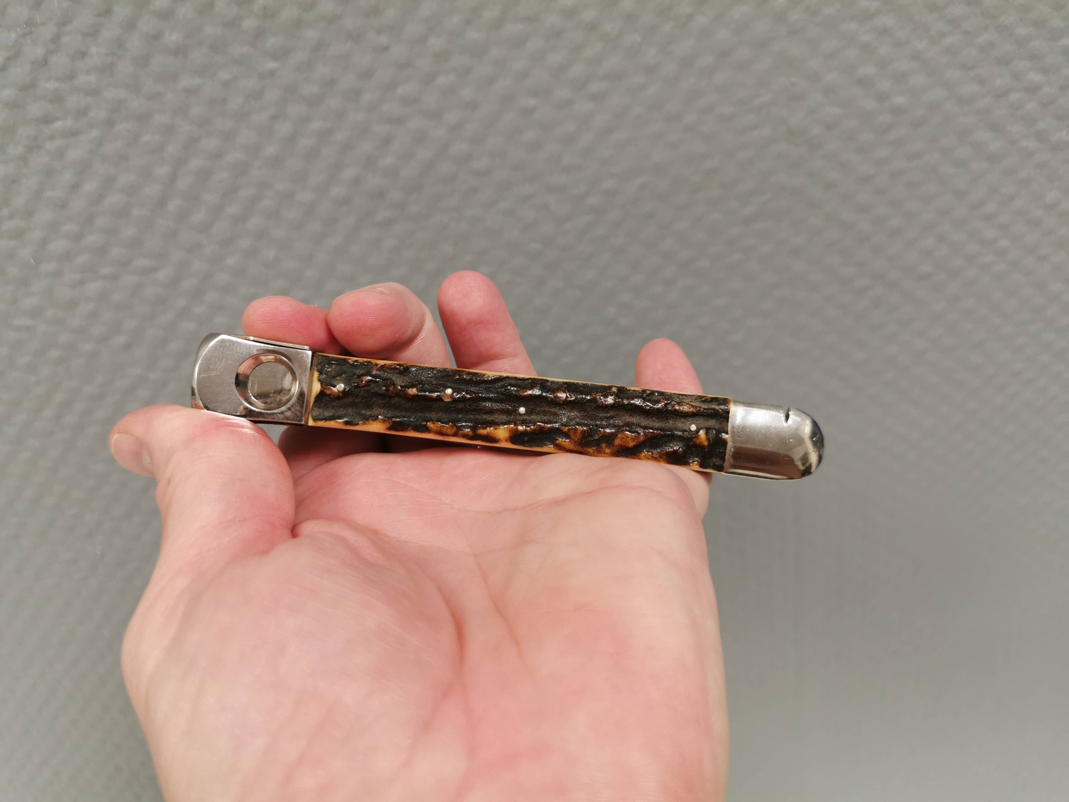 Old cigar cutter of stag horn and stainless steel. Solingen Germany 50-60s