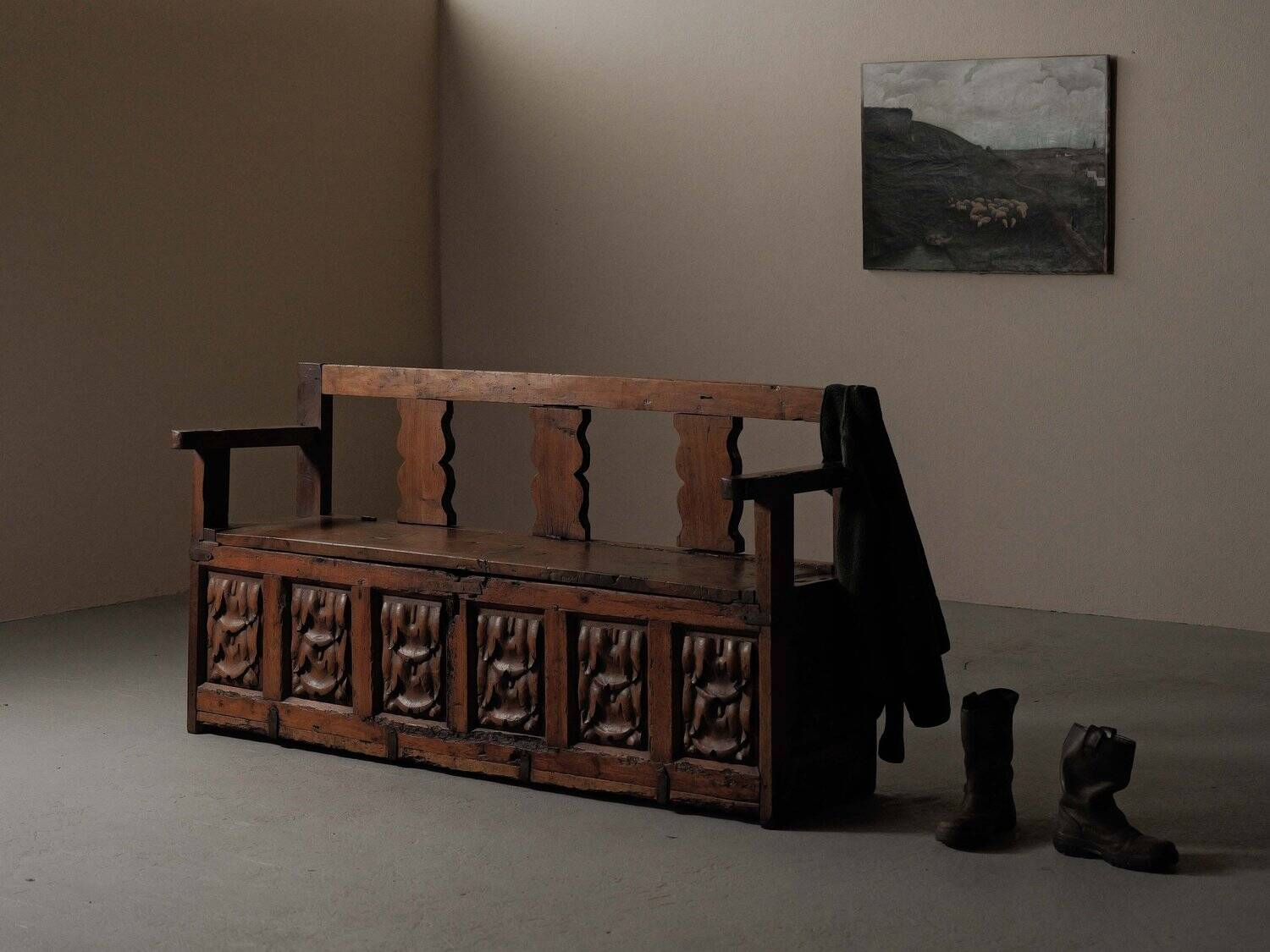 Carved solid wood bench-chest, 18th century