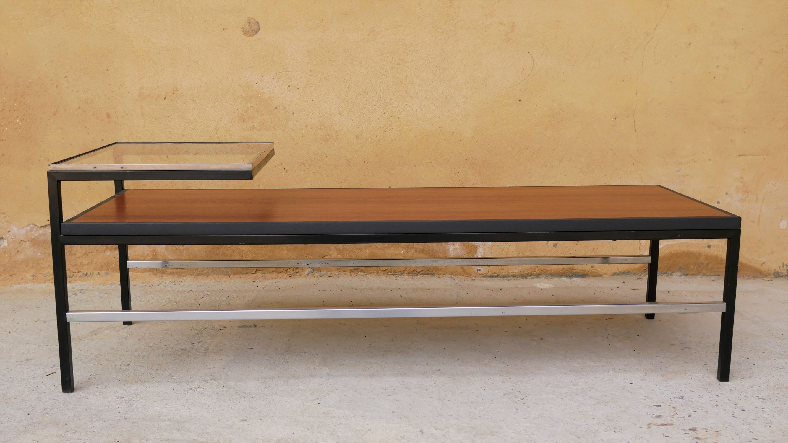 Modernist coffee table vintage wood, metal and glass