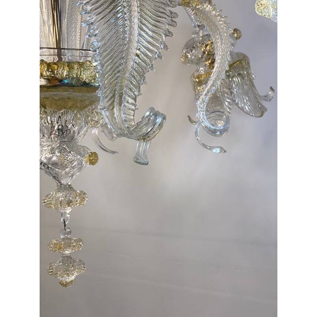 Murano Style Glass Clear and Gold Chandelier With Flowers and Leaves