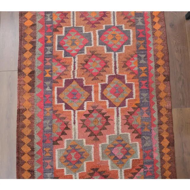1970s Vintage Turkish Hand-Knotted Wool Cotton Orange Runner Rug 104x365