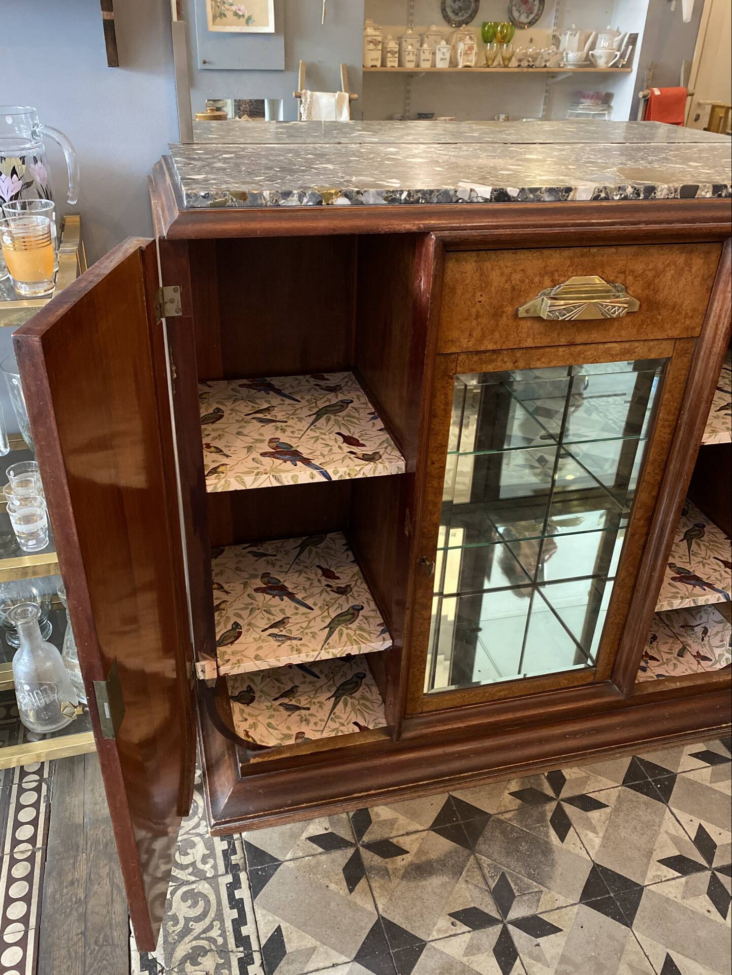 Art Deco wooden sideboard with mirror and marble
