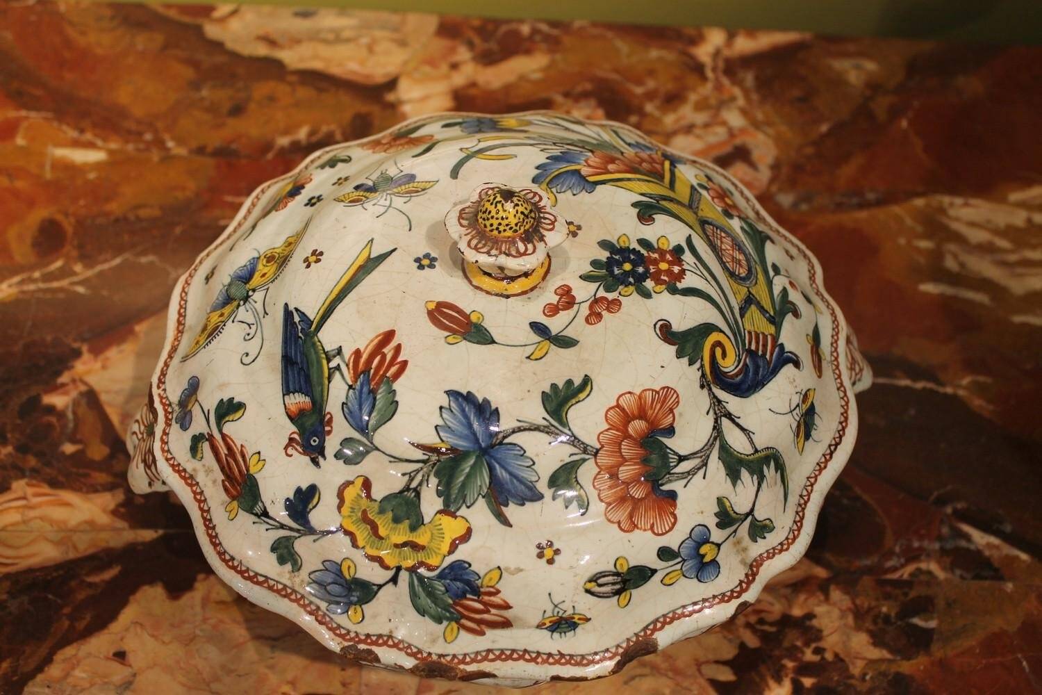 Antique French Faience Lidded Bowl Tureen Hand Painted with Flowers and Insects