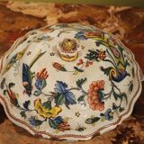 Antique French Faience Lidded Bowl Tureen Hand Painted with Flowers and Insects