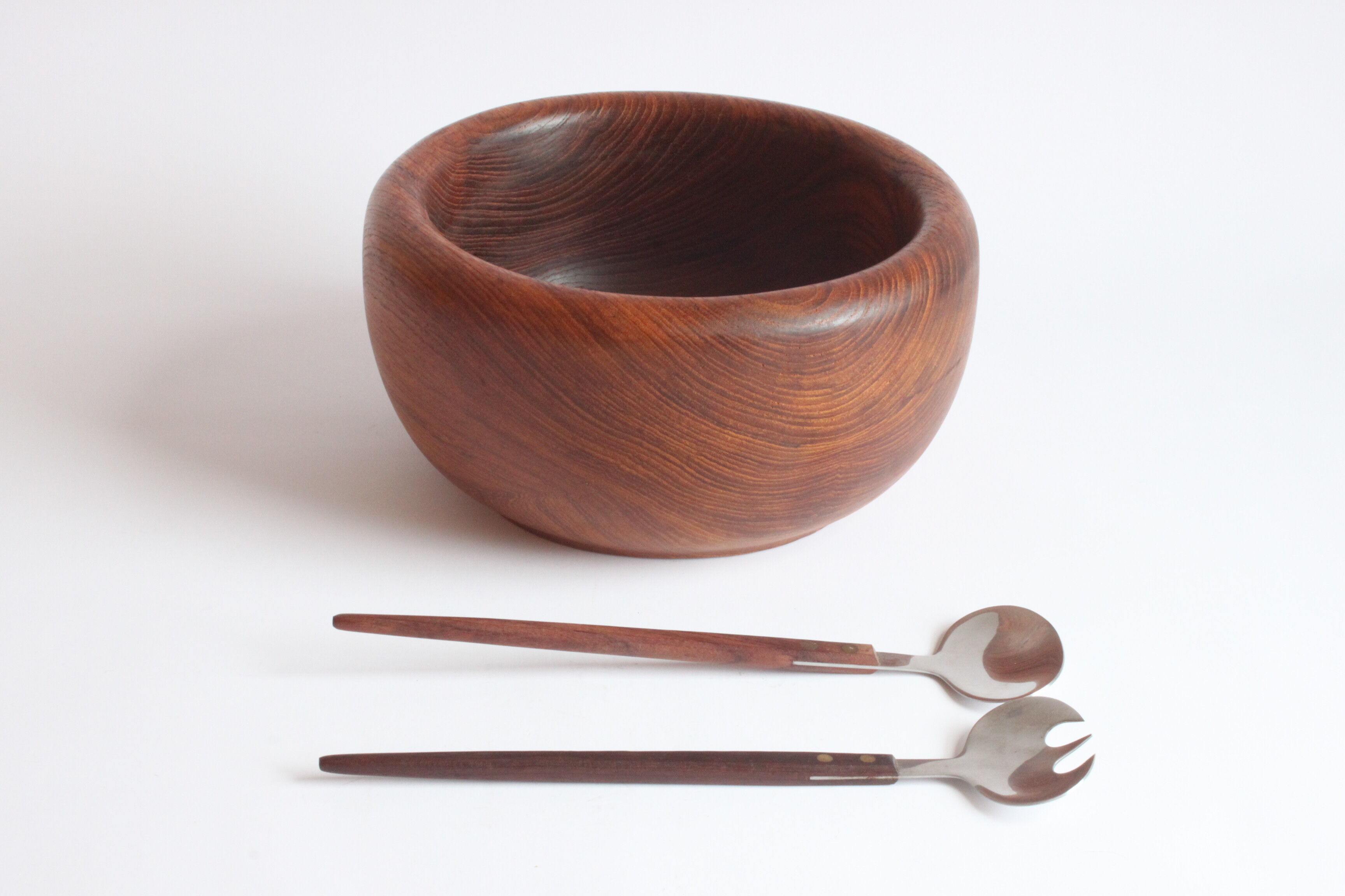 Solid teak wooden bowl and salad spoons, 1960