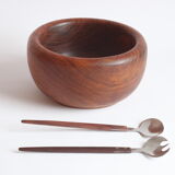 Solid teak wooden bowl and salad spoons, 1960