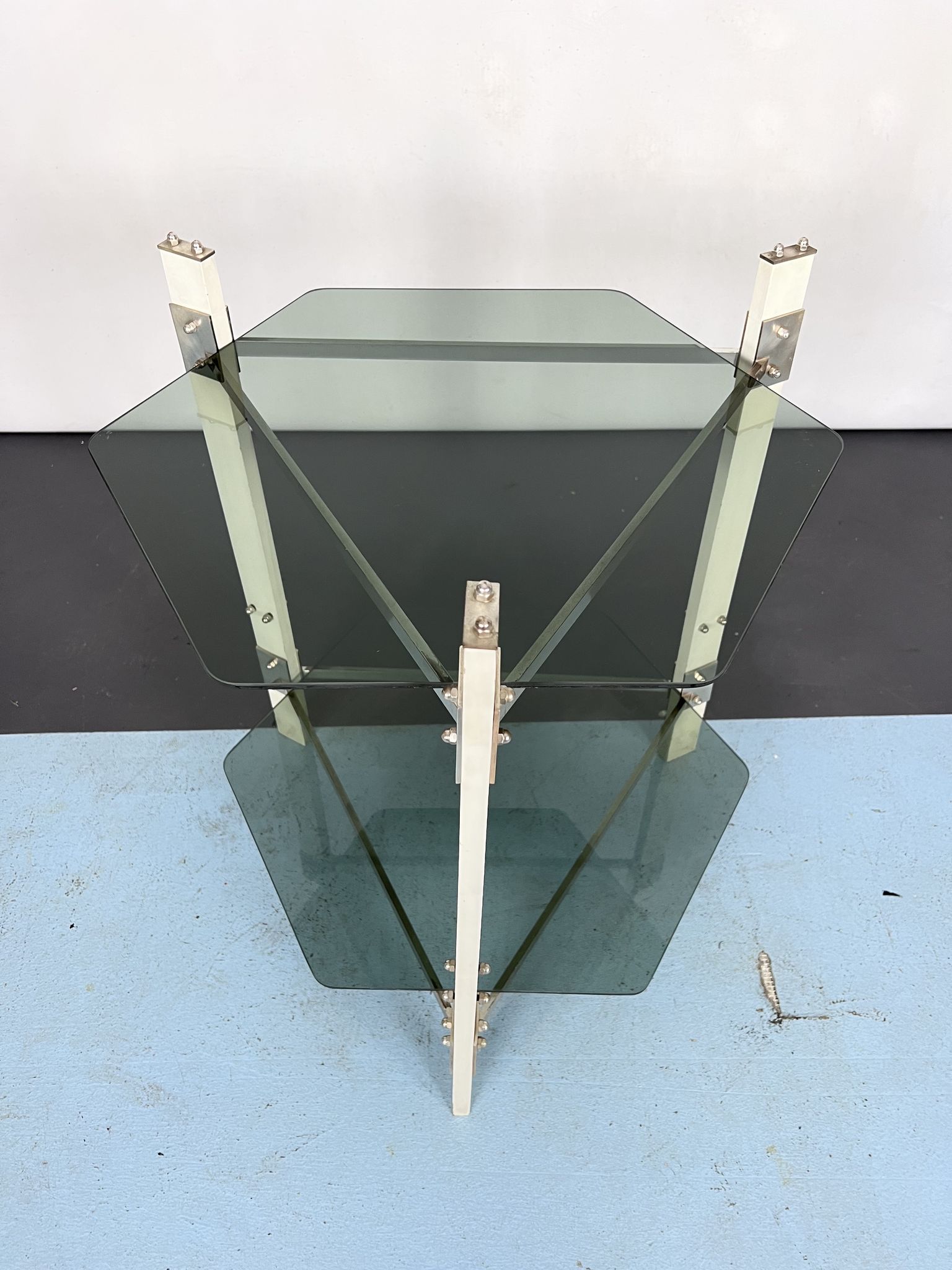 Vintage wood and smoked glass side tablep, Italy 1970s