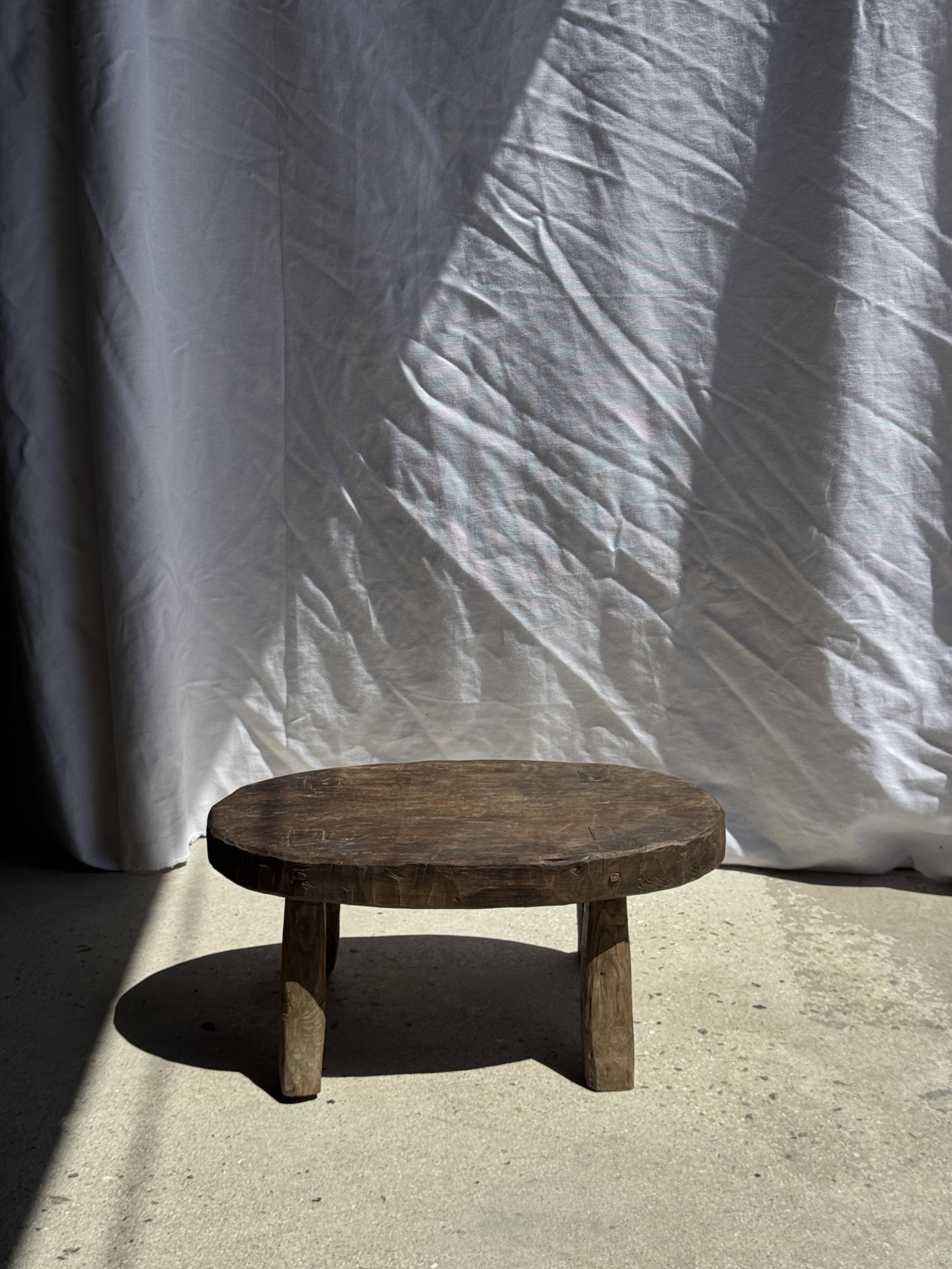 Small stool or small oval side table in solid teak wabi-sabi H24 53