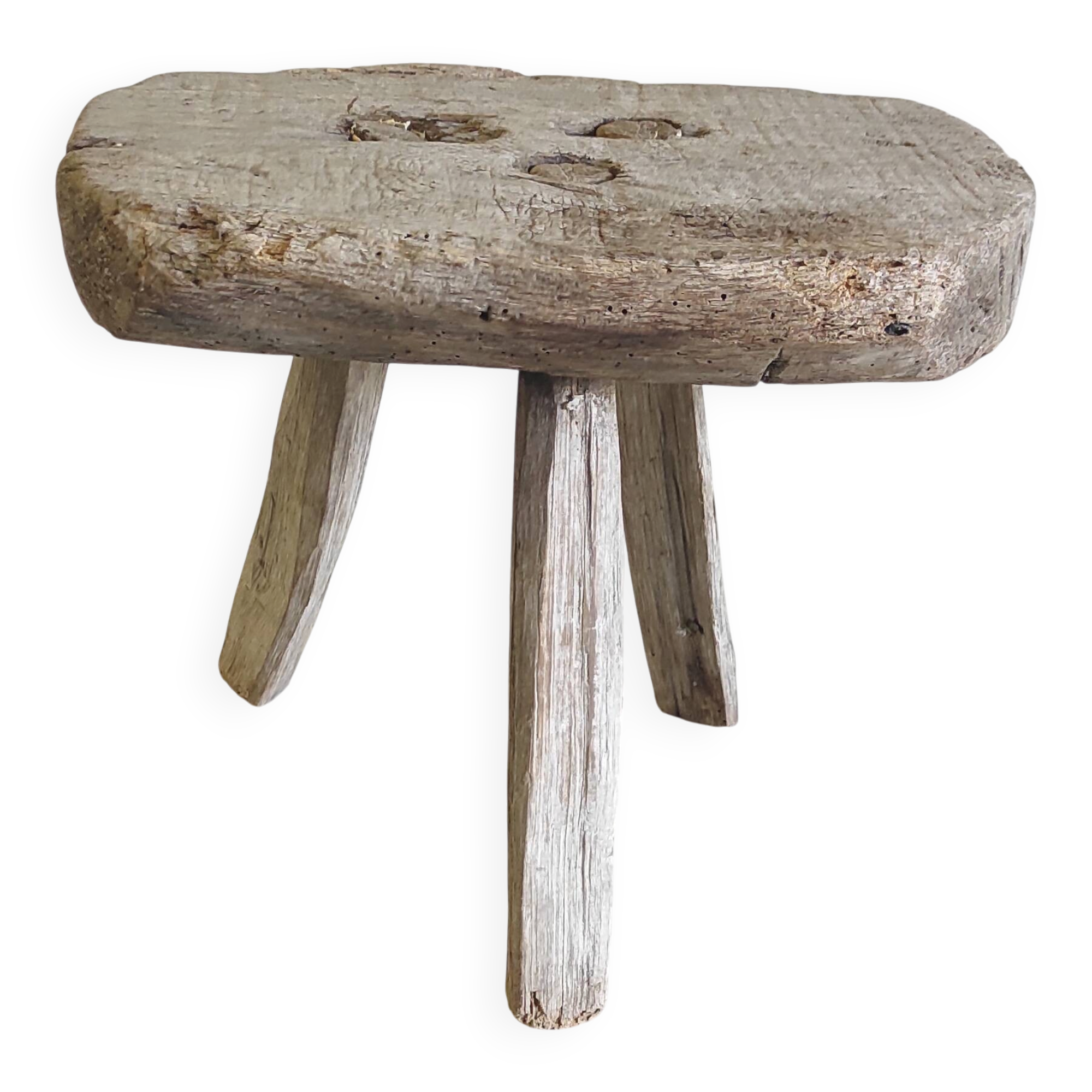 Tabouret tripode brutaliste en bois massif - mid. XXeme