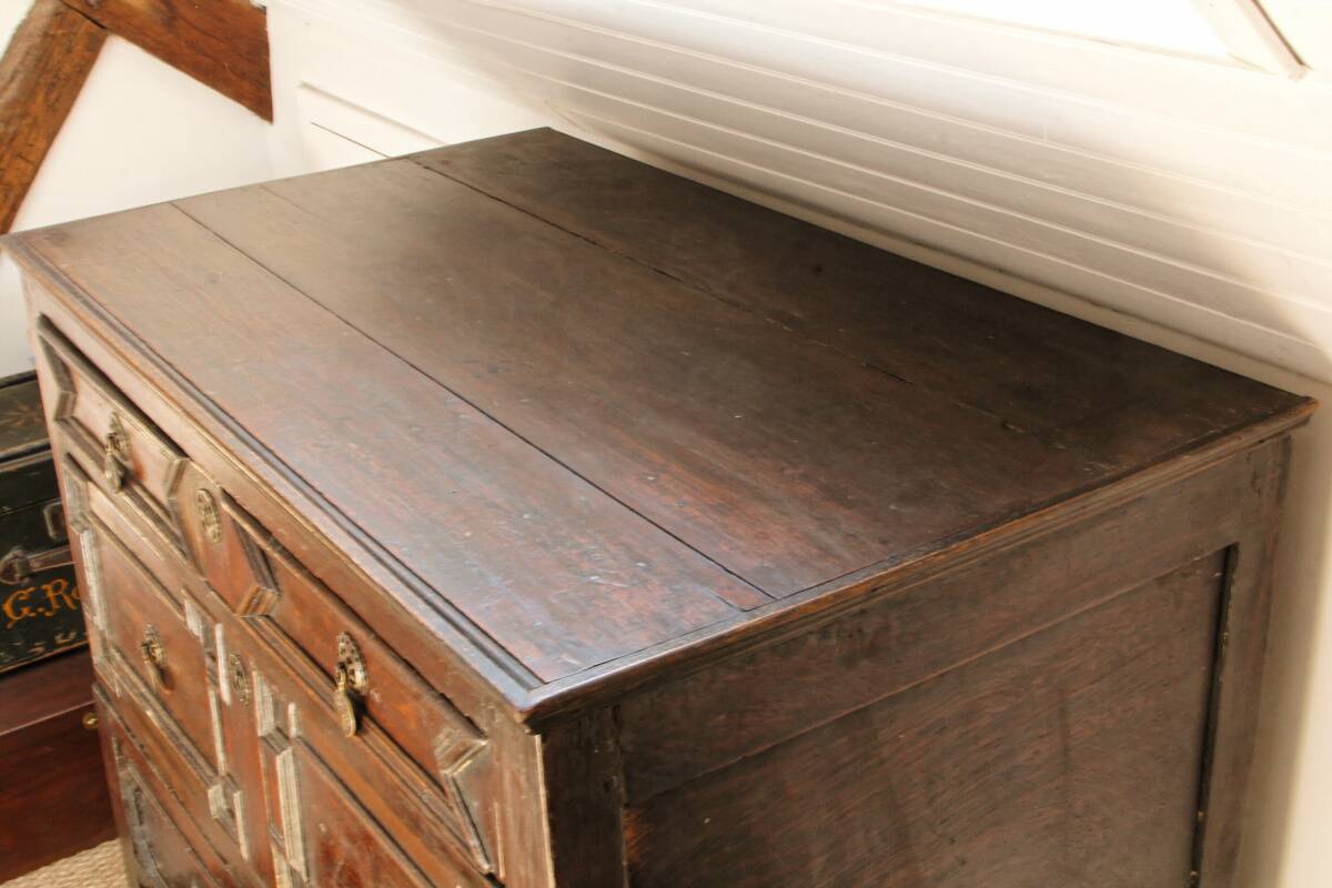 English chest of drawers; Charles II period, oak
