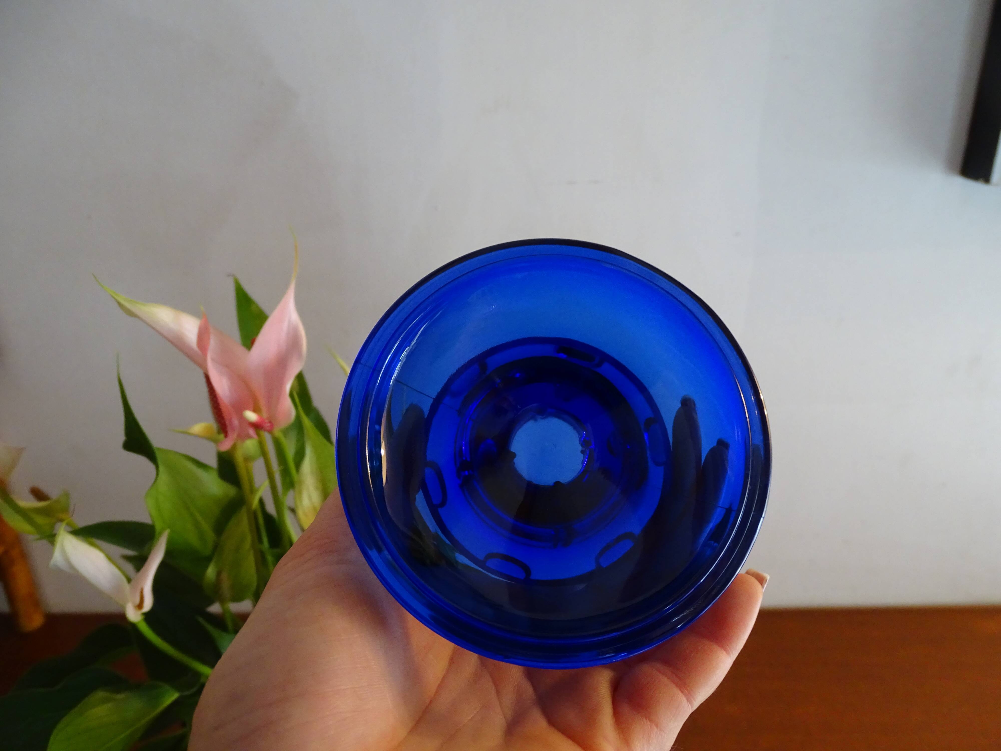 Pair of cobalt blue molded glass candle holders