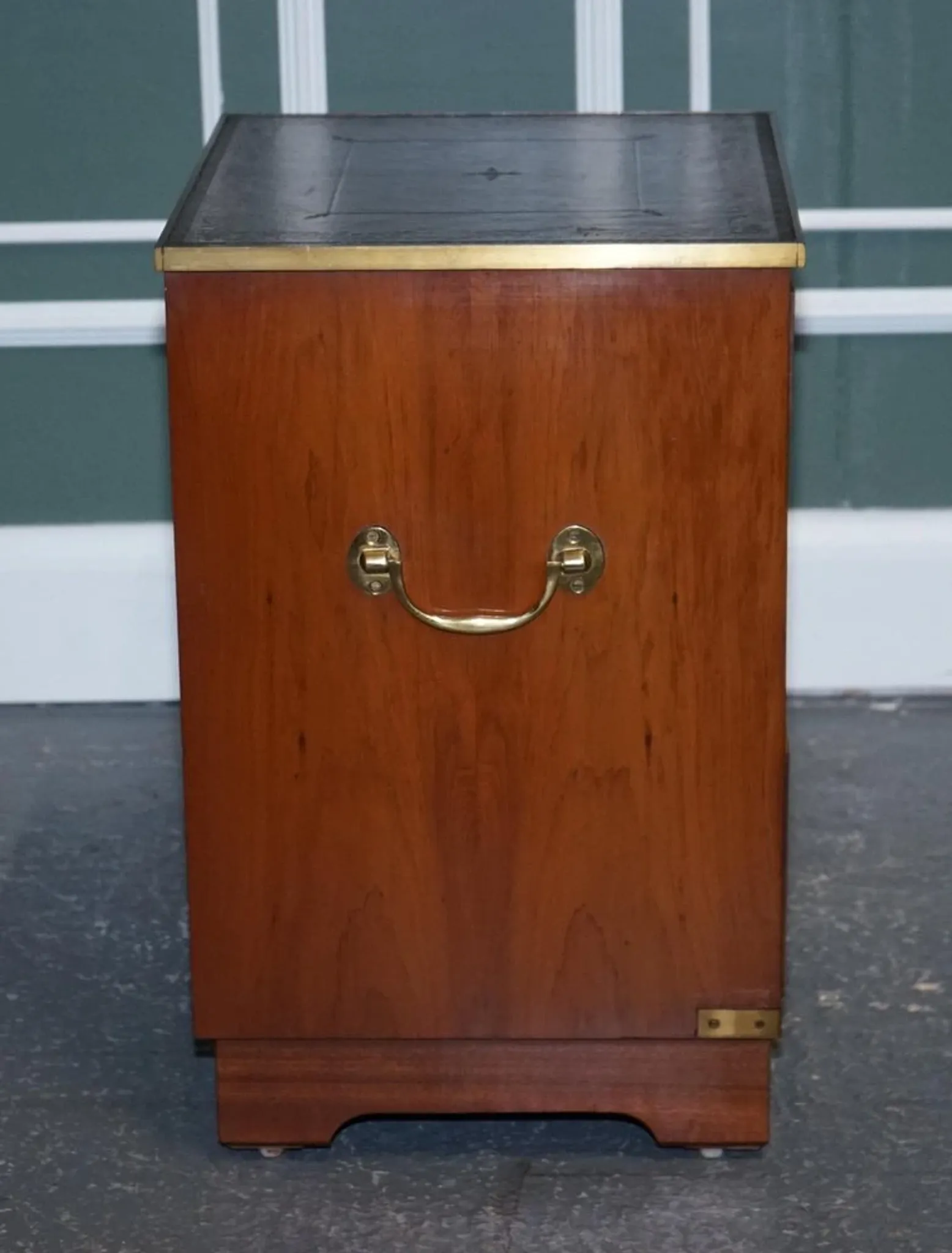 Yew Wood Nightstand Military Campaign with Green Leather Top