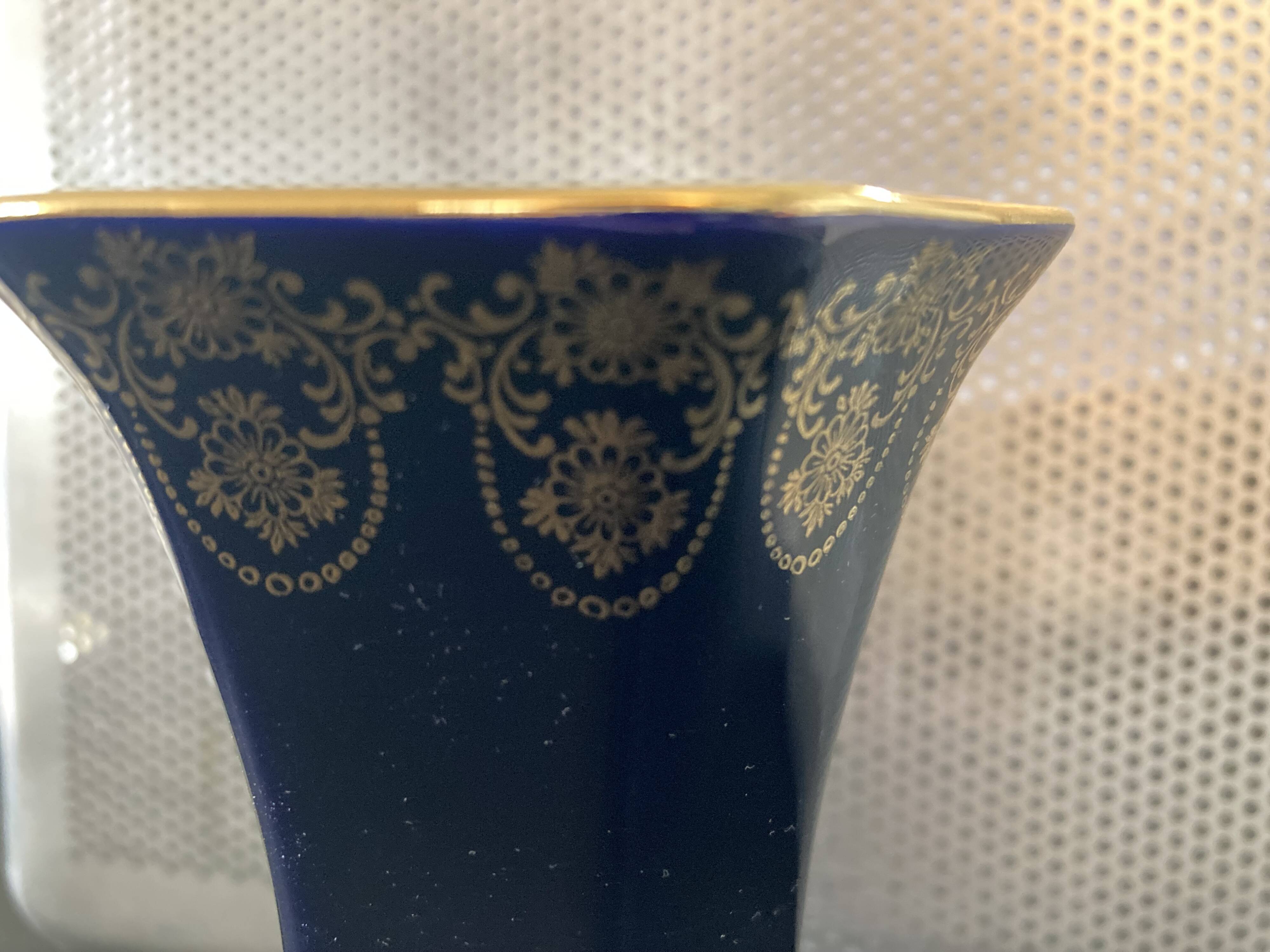 Limoges Castel France cobalt blue hexagonal porcelain vase with 22K GOLD courtesy scene
