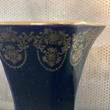 Limoges Castel France cobalt blue hexagonal porcelain vase with 22K GOLD courtesy scene