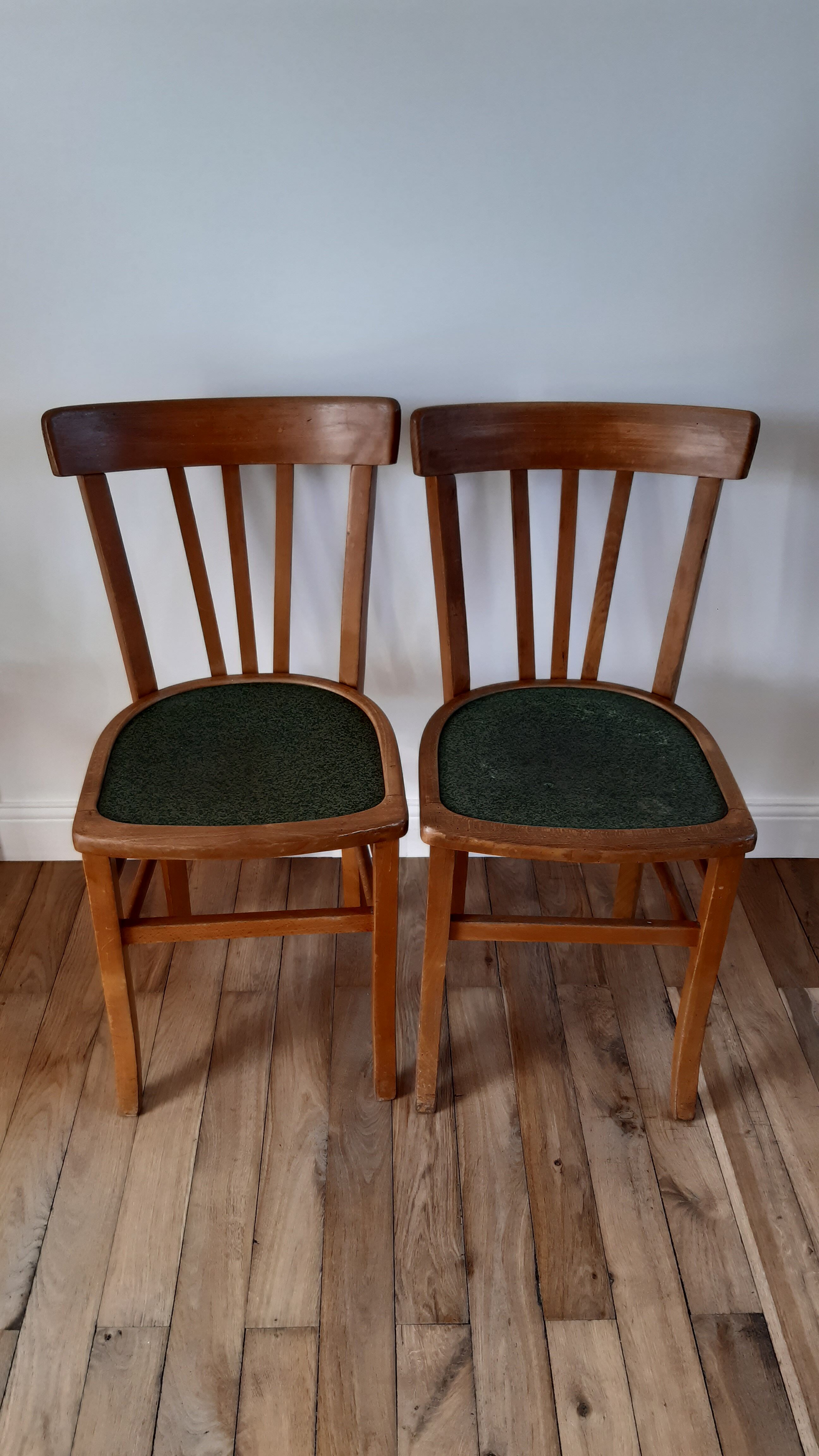 Pair of Luterma bistro chairs in beech wood and green seat 50s