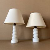 Set of 2 small old twisted opaline lamps
