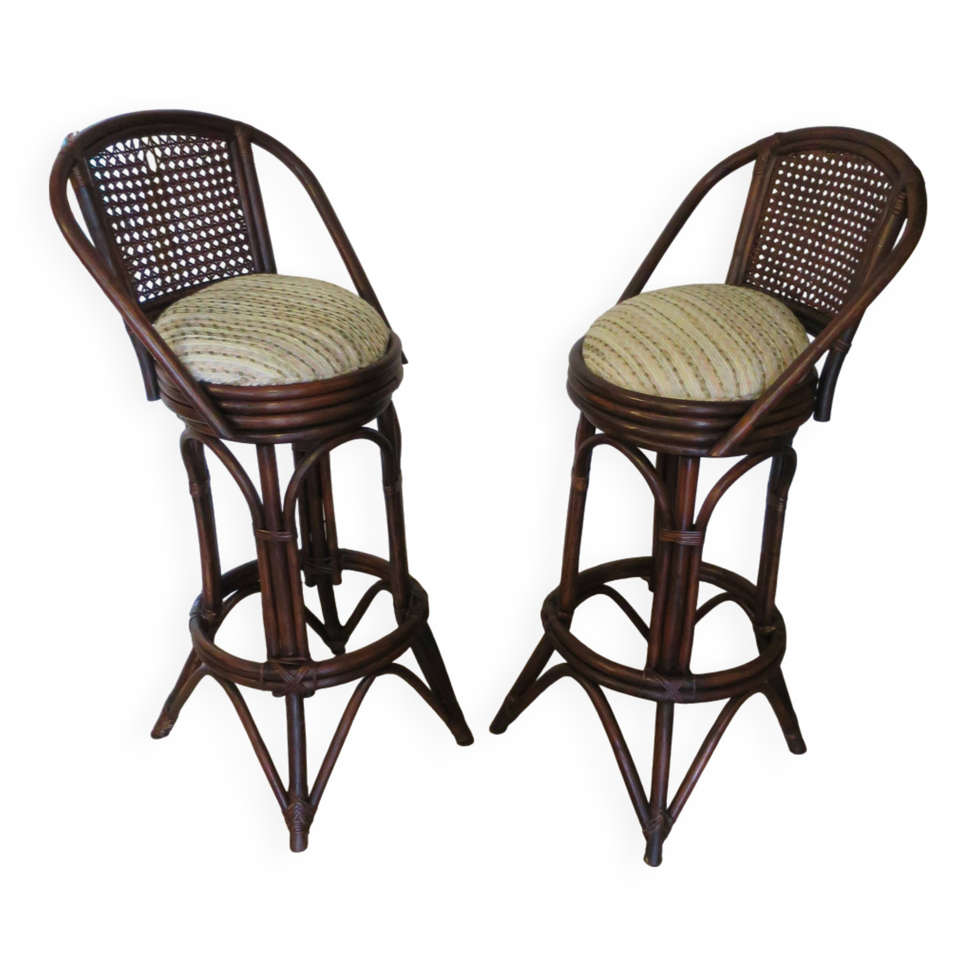 Set of 2 swivel bar stools / chairs - wood - cane - rattan - 80s