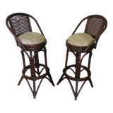 Set of 2 swivel bar stools / chairs - wood - cane - rattan - 80s